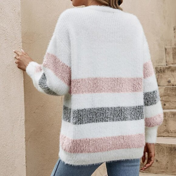 Striped Print Soft Fuzzy button down Cardigan - Picture 2 of 5